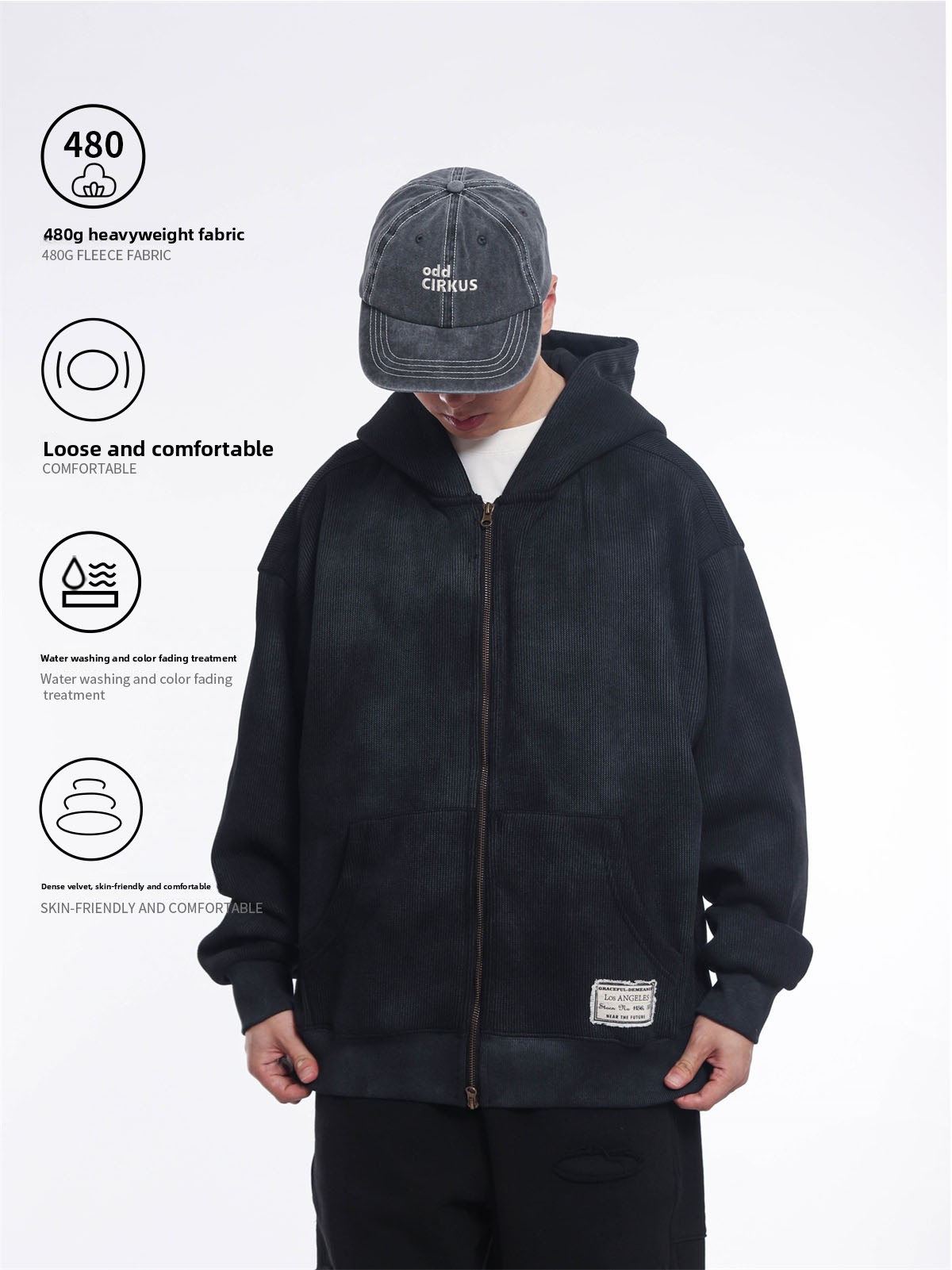 Streetwear Brand Japanese - เสื้อฮู้ดดี้สไตล์ญี่ปุ่นย้อนยุค น้ำหนัก 480 กรัม ซิปคู่ สำหรับผู้ชาย