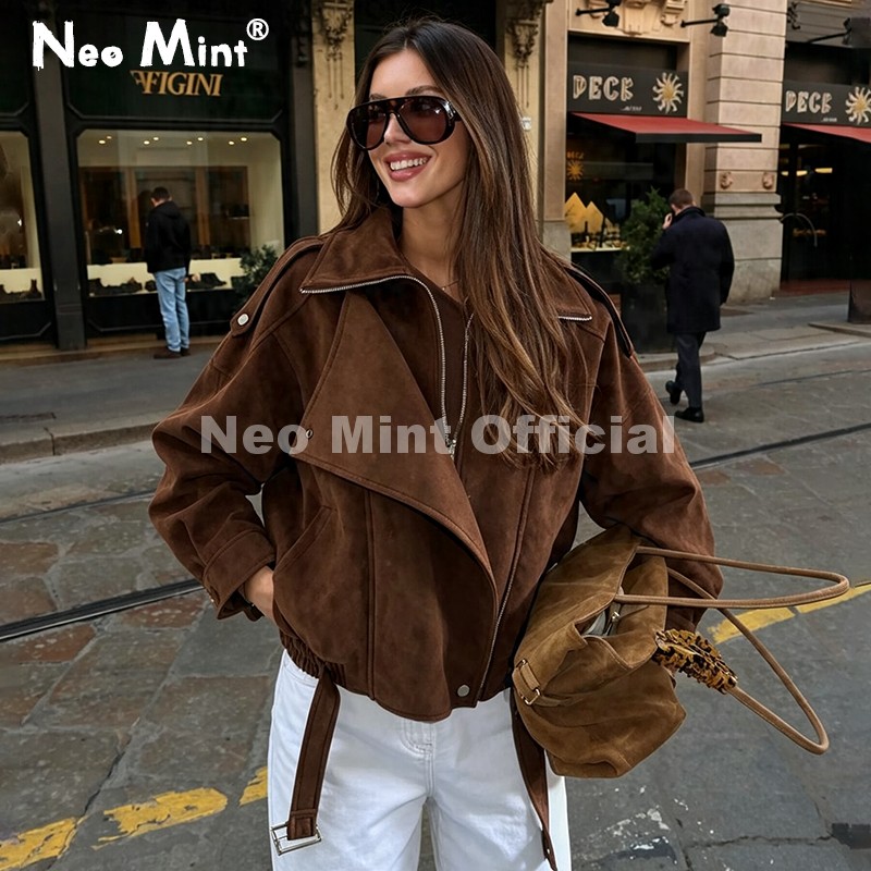 Streetwear Brand China - เสื้อแจ็คเก็ตหนังกลับสีน้ำตาลโอเวอร์ไซส์ รุ่น Neo Mint Autumn สำหรับผู้หญิง